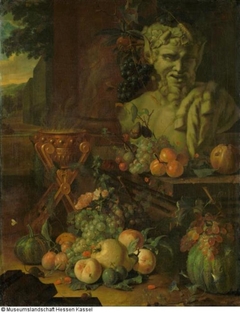 Fruit piece with a satyr bust and a smoke pot by Coenraet Roepel