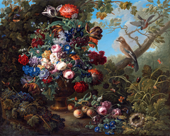 Großes Blumenstillleben mit Vögeln by Johann Baptist Drechsler