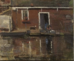 House façade on the water with woman washing by Piet Mondrian