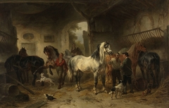 Interieur van een stal met paarden en figuren by Wouter Verschuur 1812-1874