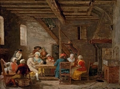 Interior of an inn with cardplayers and elegant figures by Léonard Defrance