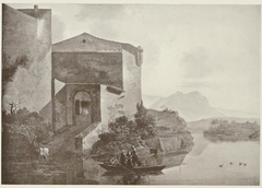 Italianate landscape with a house in the bend of a river by Adam Pynacker