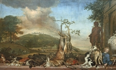 Jagdstillleben vor einer Landschaft mit Schloss Bensberg by Jan Weenix