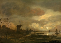 Landscape by moonlight by Aert van der Neer