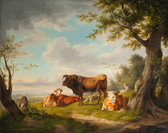 Landscape with cattle and a shepherd by Carl Kuntz