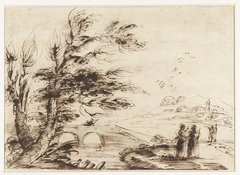 Landschap met een brug en enkele figuren by Unknown Artist