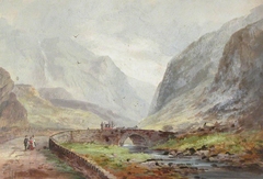 Llanberis Pass with a Coach travelling over a Bridge by possibly George Dunkerton Hiscox