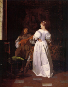 Man playing the cithern and a young woman in an interior by Jacob Ochtervelt