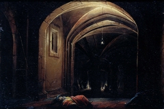 Men Sleeping in a Room with lighted Arches by Unknown Artist