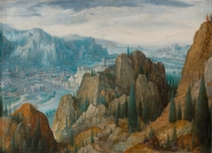 Mountainous landscape with the temptations of Christ by Lucas van Valckenborch