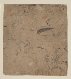 Page from a Sketchbook Showing Rulers on Horseback, Boars, and a Palace Scene by Manaku