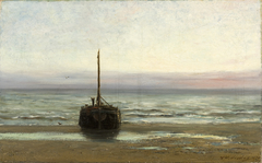 Scheepje bij ondergaande zon by Hendrik Willem Mesdag