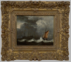 Schepen in een sterke wind onder een donkere lucht by Willem van de Velde the Younger