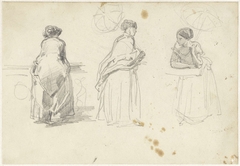 Schetsblad met drie studies van een vrouw met een parasol by Unknown Artist