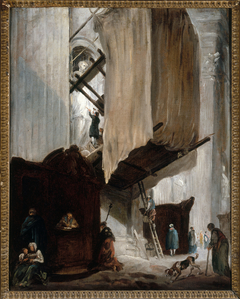 Sculpteur travaillant à la statue d'un saint à Saint-Pierre de Rome by Hubert Robert