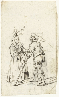 Staand stel in kostuum, met elkaar in gesprek by Harmen ter Borch