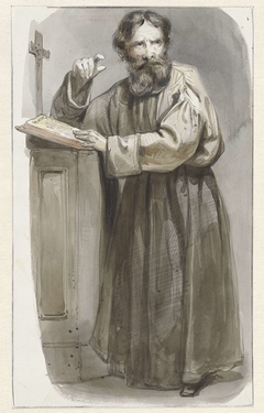 Staande geestelijke bij katheder met crucifix en bijbel by Unknown Artist