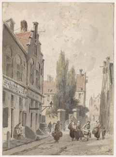 Stadsgezicht met een marskramer by Adrianus Eversen