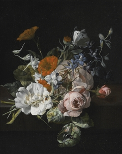 Still life of flowers with a nosegay of roses, marigolds, larkspur, a bumblebee and other insects by Rachel Ruysch