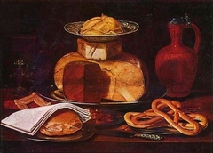 Still life with cheese, bread and pretzels by Clara Peeters