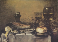 Still life with roemer, fish and salt cellar by Pieter Claesz