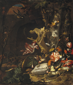 Stilleven met bloemen en dieren bij een boom by Abraham Mignon