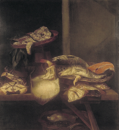 Stilleven met vis op schragentafel by Abraham van Beijeren