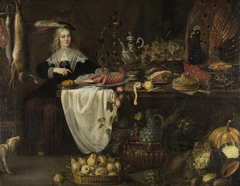 Tafelstilleben mit sitzender Dame by Adriaen van Utrecht