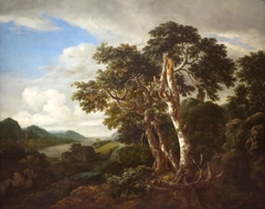 Three Great Trees in a Mountainous Landscape with a River by Jacob van Ruisdael