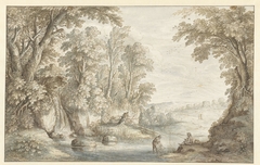 Twee hengelaars bij een waterval in een bos by Maerten de Cock