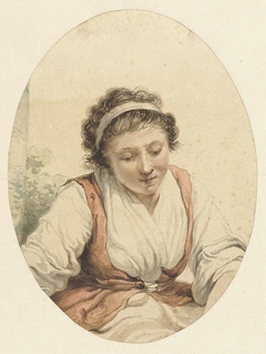 Vrouw met rood vest en wit lint in het haar by Jacob van Strij