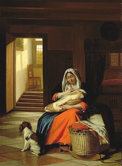 Woman nursing by a cradle with a dog at her feet by Pieter de Hooch