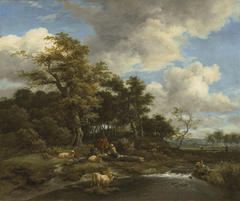 Wooded landscape with a stream, pool, shepherd and shepherdess by Jacob van Ruisdael