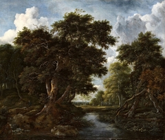 Wooded Landscape with Hunters and a River by Jacob van Ruisdael