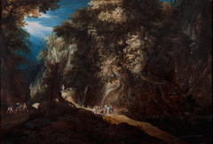 Wooded Mountain Landscape with Waterfall and Travellers by Gijsbrecht Leytens