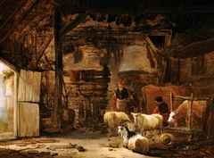 A Barn Interior with Goats, Cattle and Peasants by Govert Dircksz Camphuysen