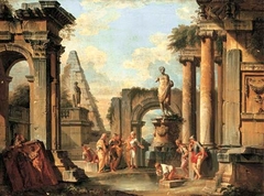 A capriccio of classical ruins with Diogenes throwing away his cup. by Giovanni Paolo Panini