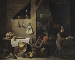 A kitchen interior with a young boy and three figures drinking and smoking by David Teniers the Younger