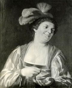 A woman laughing, while counting money by Gerard van Honthorst