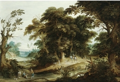 A Wooded Landscape With A Poultry-Seller, Travellers And Dogs On A Path Beyond by Alexander Keirincx