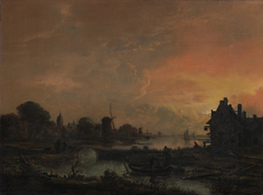 An evening landscape with fishermen in the foreground by Aert van der Neer