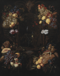 Cartouche with Garlands of Fruit and a Wine Glass by Alexander Coosemans