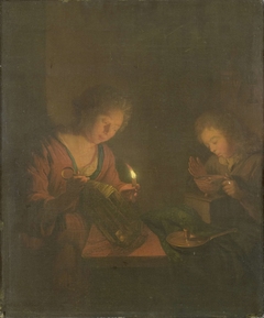 Fire and Light (A Girl Places a Candle in a Lantern and a Boy Blows on the Coals in a Chafing-Dish) by Unknown Artist