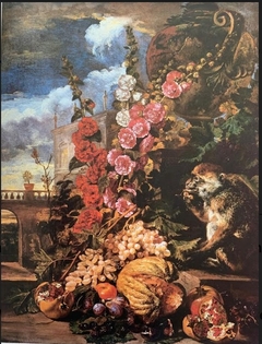 Flowers and fruit with a monkey in a landscape by Abraham Brueghel