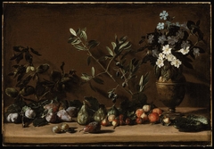 Fruit and Vase of Flowers on a Ledge by Pietro Paolini