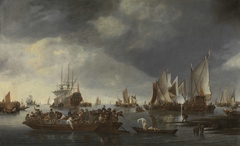 Harbor with Sailboats and Ferry Boat by Hendrick Jacobsz. Dubbels