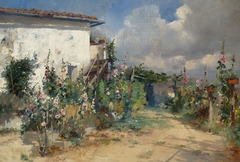 House with hollyhocks in the garden by Henryk Siemiradzki