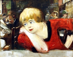 In the café - Woman in red by Lesser Ury