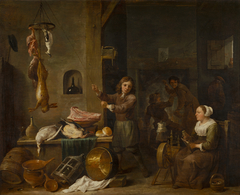 Kitchen interior with a boy and a woman with a table of game by David Teniers the Younger