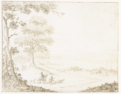 Koets en ruiters in een landschap aan een breed water by Albert Flamen